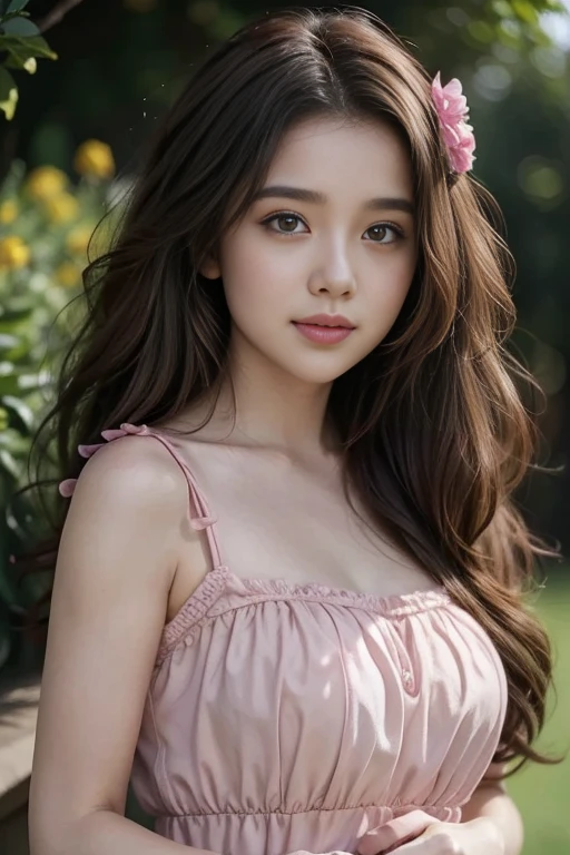 Cute girl with curly hair, wearing a pink dress, a flower in her hand, upper body, fluffy, pink, high resolution, realistic human, anthropomorphic, Agatha