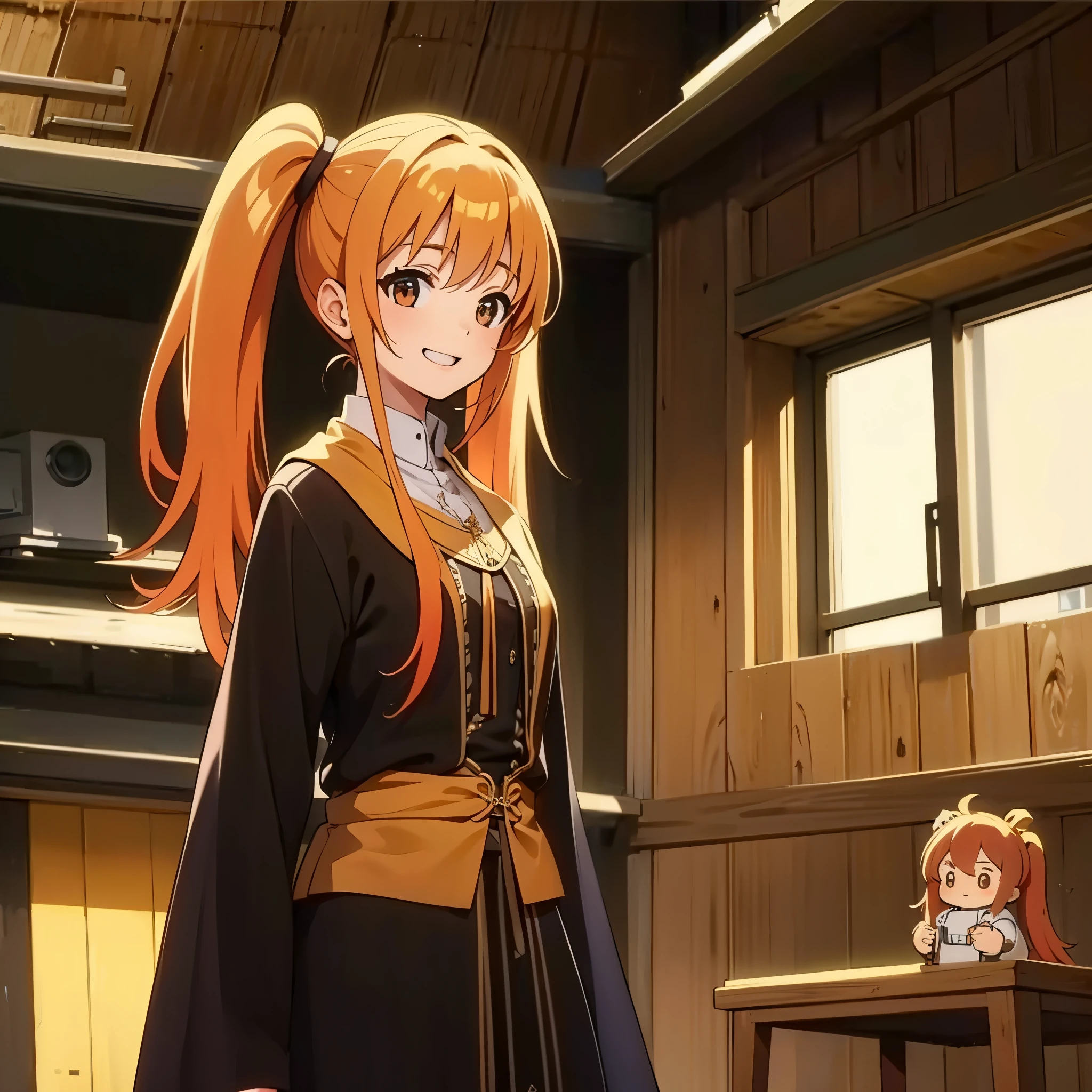 Medieval European style building, Inside the night bar, focus face, wearing Cleric clothes, drinking beer right hand, grin, close eyes, heavy drunk from side, break anime style, orange hair1:4, break high bridge1:8, BREAK super straight hair, BREAK long side twin tails1:6, masterpiece,