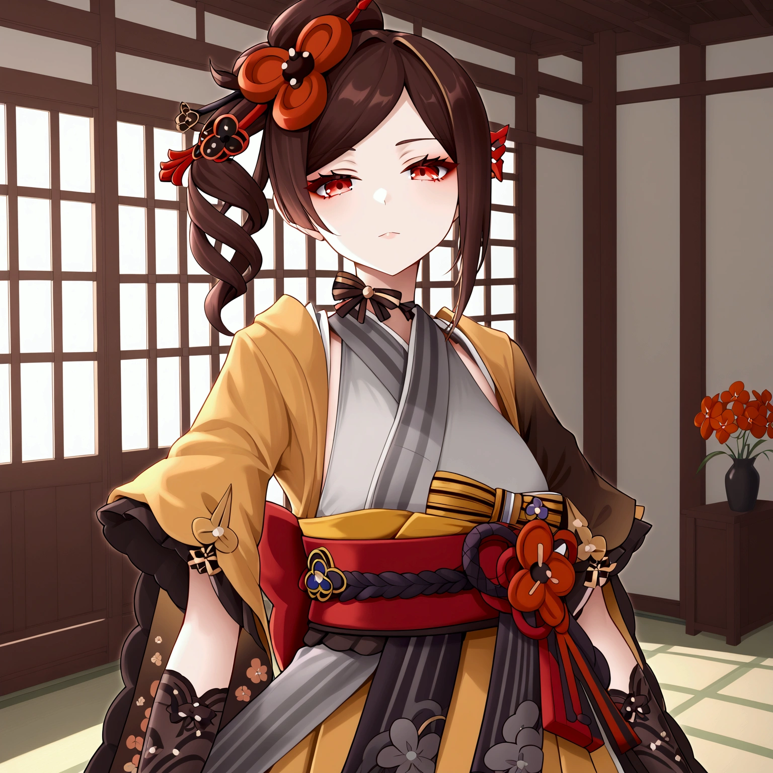 chiori, brown hair, hair ornament, red eyes, flower, hair flower, gloves, japanese clothes, sash, obi, stand, Confident pose, Room, Displeased face, Beautiful view, good atmosphere