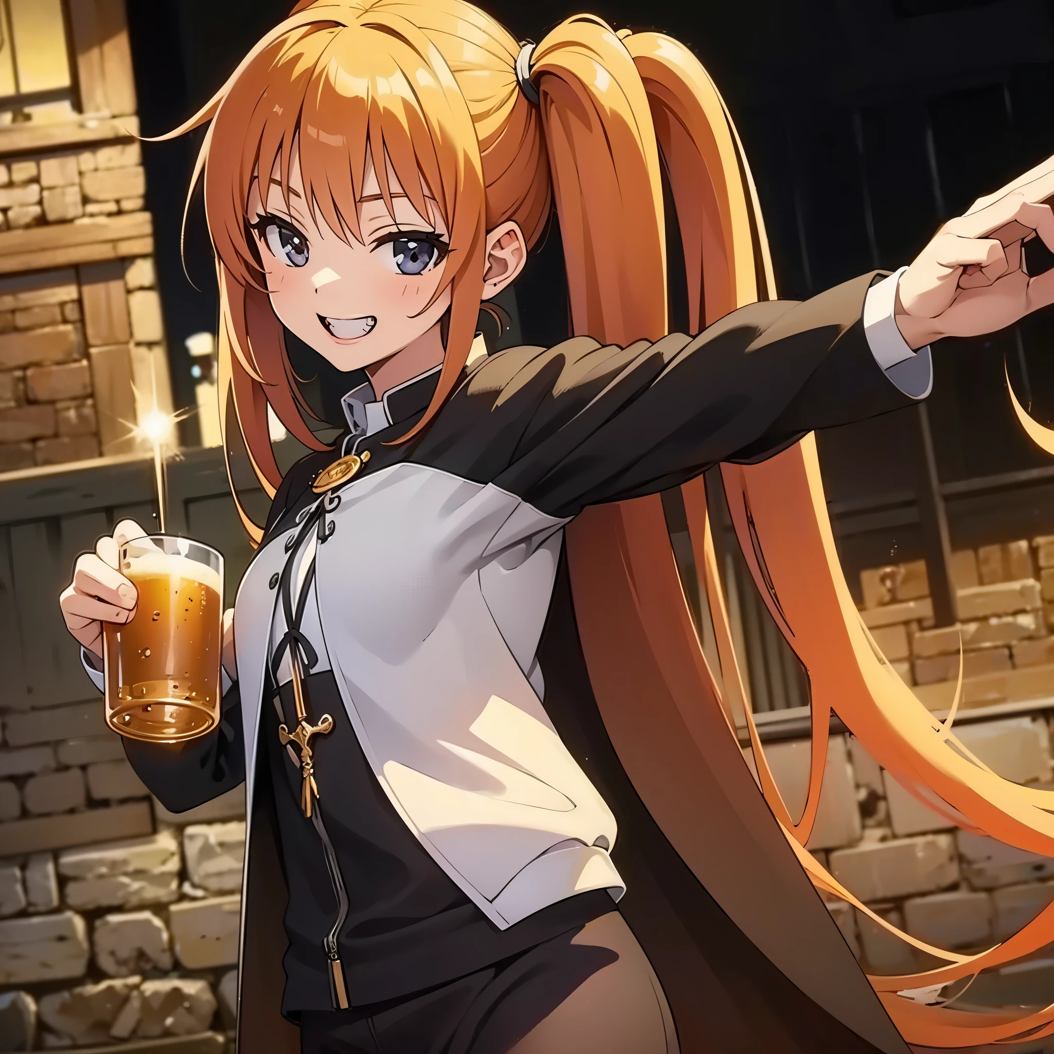 Medieval European style building, Inside the night bar, focus face, wearing Cleric clothes, drinking beer right hand, grin, close eyes, drunk, from side, break anime style, orange hair1:4, break high bridge1:8, BREAK super straight hair, BREAK long side twin tails1:6, masterpiece,
