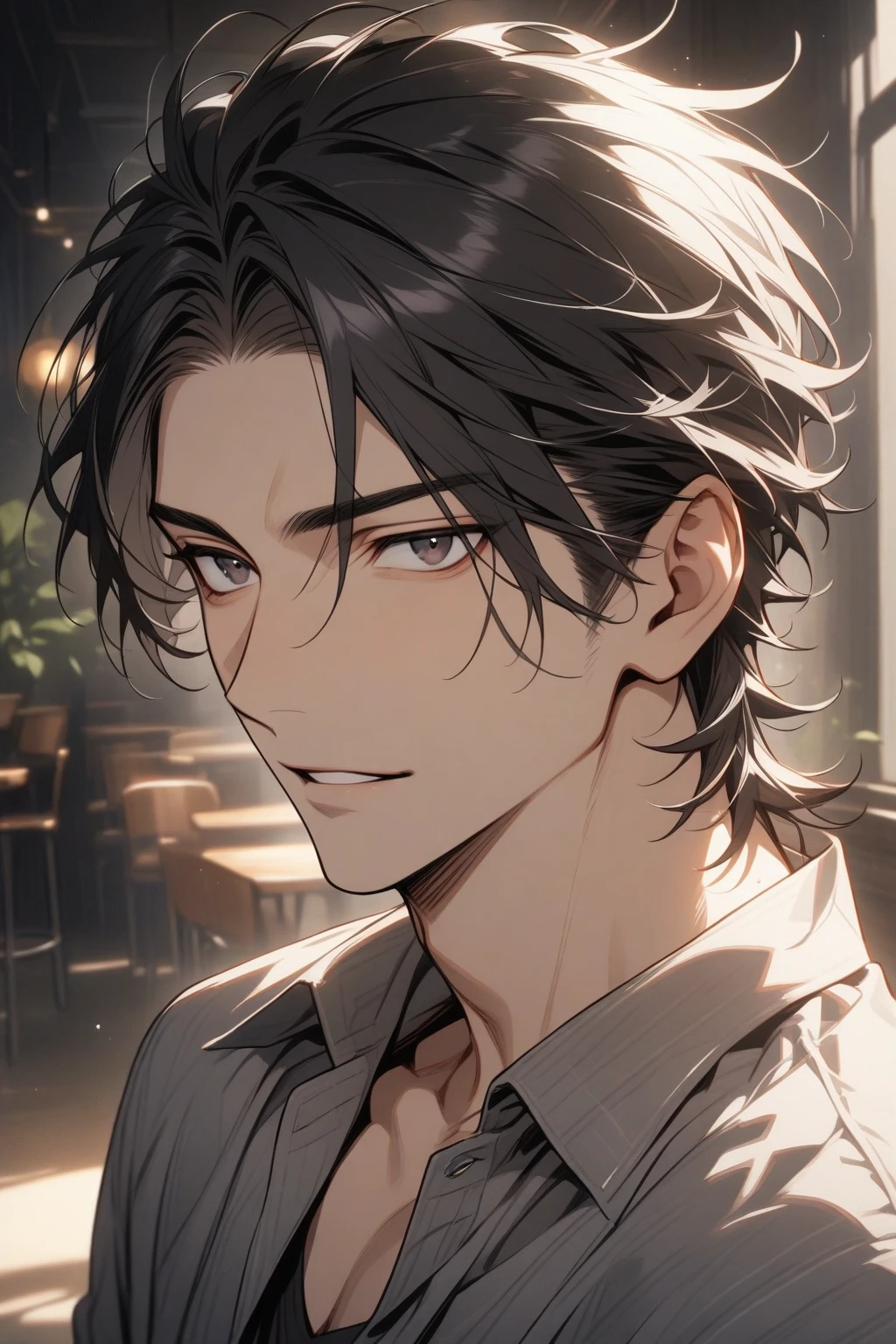 Man, handsome, short black hair, dark eyes, shirt