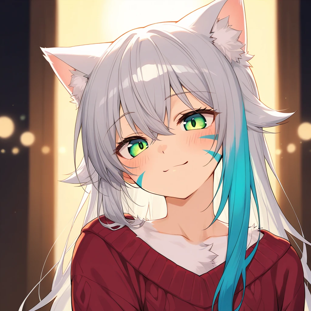 masterpiece, best quality, ultra-detailed, highly aesthetic, anime style, sharp focus, absurdres, portrait, furry male, cat boy, soft white fur with subtle gray stripes, defined masculine jawline, big expressive emerald green eyes, confident smirk, fluffy cat ears, short messy silver hair, subtle blue highlights, athletic neck and shoulders, flat chest, toned upper body, strong collarbone, soft blush on cheeks, long swishing tail in background, cozy atmosphere, elegant lighting, slight head tilt, detailed textures on fur and hair, warm golden hues, soft shadows, rim lighting accentuating ears and hair, Red sweater, blurred bokeh background, glowing fireplace in the distance, warm and inviting tones, focus on the face, natural textures