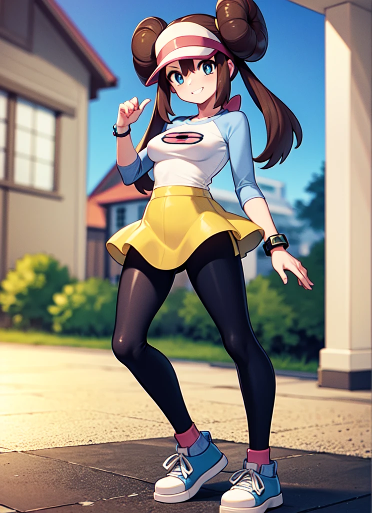 ((best quality)), ((highly detailed)), masterpiece, , (1girl), solo, dynamic pose, full body, (((very wide shot))), <lora:PKMN_Rosa-DEF:.65>, rosa (pokemon), long hair, hair buns, blue eyes, medium breasts, smiling, visor, raglan sleeves, bracelet, yellow skirt, leggings, sneakers, (outside, on a ship, noon)