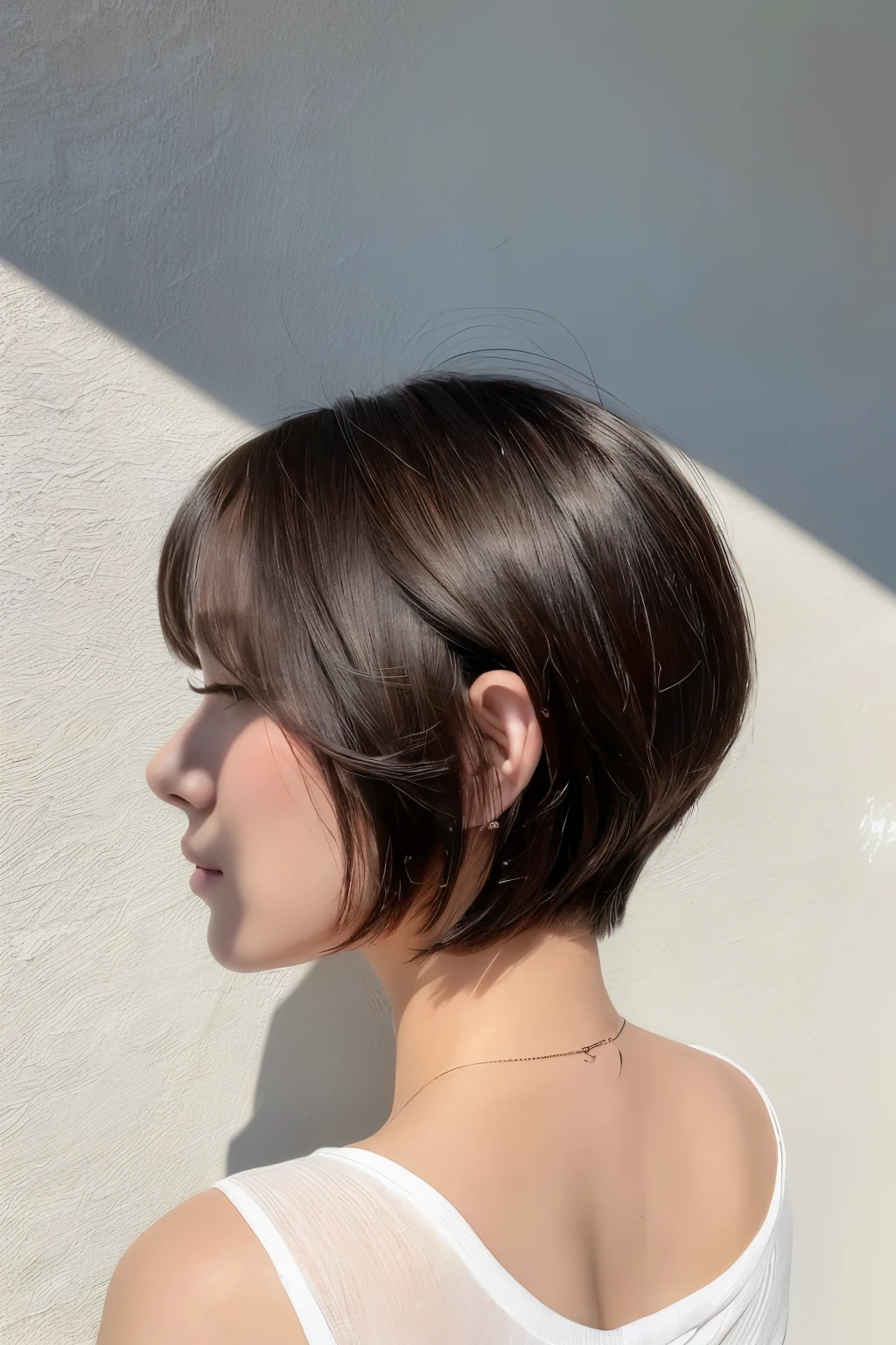 (   top quality:1.4),    RAW photos  , (  realistic  , photo-  realistic  :1.37), プロの写真撮shadow, Cinematic Light, (   beautiful face: 1.2),Beauty、   beautiful woman、   profile、   white shirt、clothes、gross、shadow、  looks up 、   short bob hair、White wall、   back view