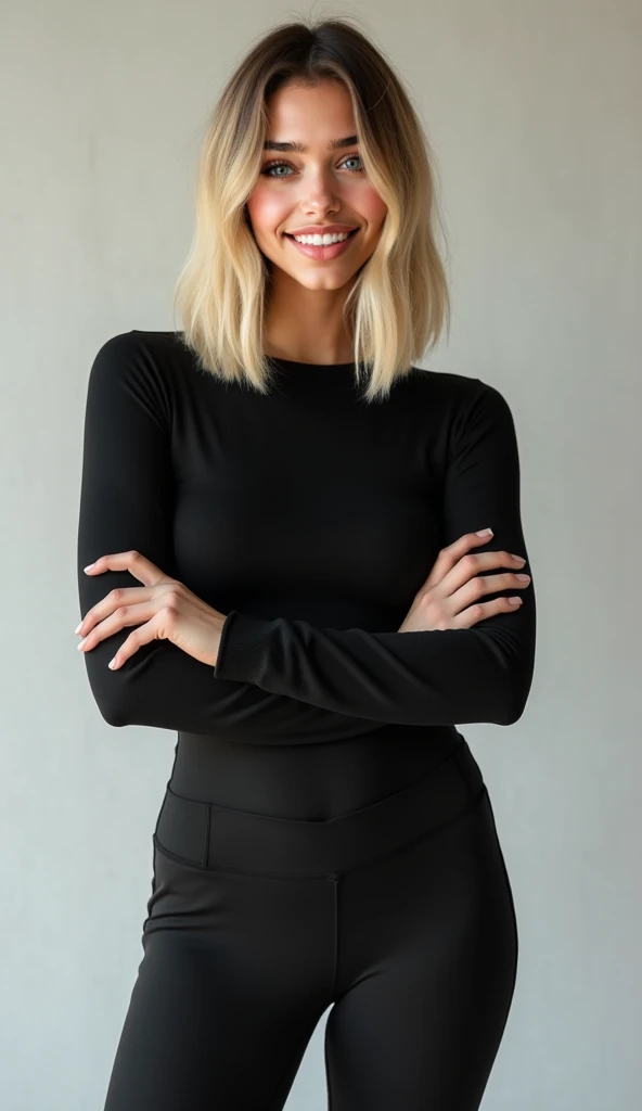 Blonde woman with hair in a ponytail, (light smile:0.8), (smile:0.5), wearing black leggings and a black crop top, standing in a twisted pose, hands behind the head