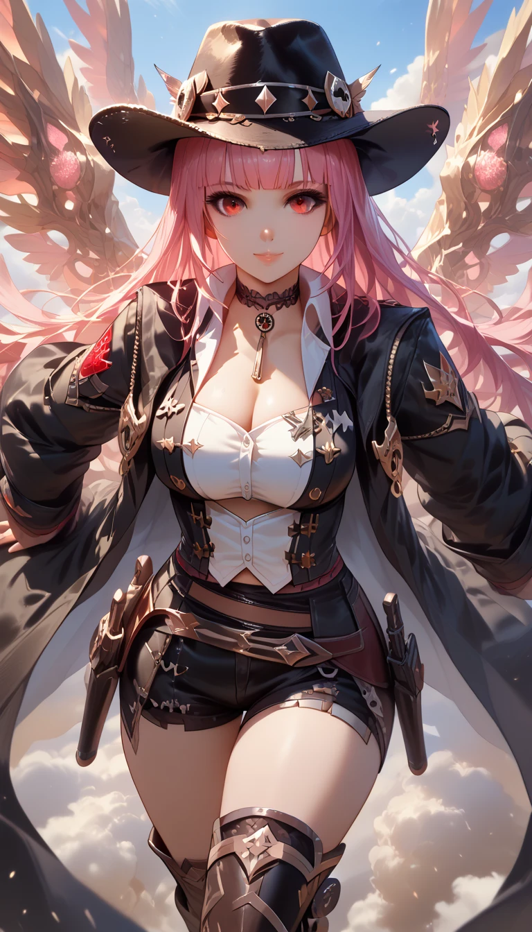 ultra-detailed, 1girl, solo, MoriSheriff, (masterpiece)), (best quality), (highres), 16K, pink hair, hime cut, red eyes, long hair, choker, black cowboy hat, white shirt, cleavage, black vest, belt, black shorts, knee boots, black coat,, busty body, large breasts and a beautiful ass, showcasing cleavage, legs, hips, (holding assault rifle), looking at viewer, detailed face, smile, detailed hair, detailed body, countryside background