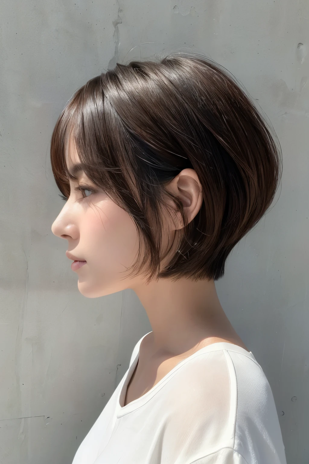 (   top quality:1.4),    RAW photos  , (  realistic  , photo-  realistic  :1.37), プロの写真撮shadow, Cinematic Light, (   beautiful face: 1.2),Beauty、   beautiful woman、   profile、   white shirt、clothes、gross、shadow、  looks up 、   short bob hair、White wall、   back view