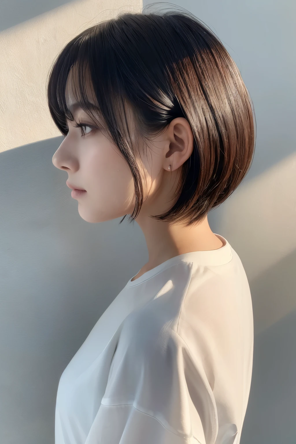 (   top quality:1.4),    RAW photos  , (  realistic  , photo-  realistic  :1.37), プロの写真撮shadow, Cinematic Light, (   beautiful face: 1.2),Beauty、   beautiful woman、   profile、   white shirt、clothes、gross、shadow、  looks up 、   short bob hair、White wall、   back view