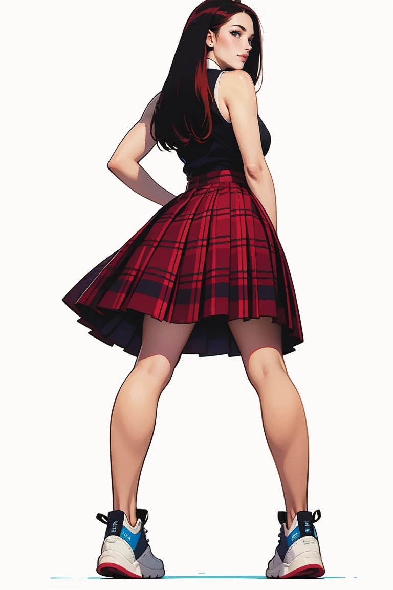 A beautiful girl, looking at viewer, smiling, black sleeveless, pleated plaid skirt, sneakers, (straight hair:1.2), standing, full body, from behind, from below, (masterpiece, best quality:1.2), (simple white background:1.2), digital painting, illustration, comic retro style
