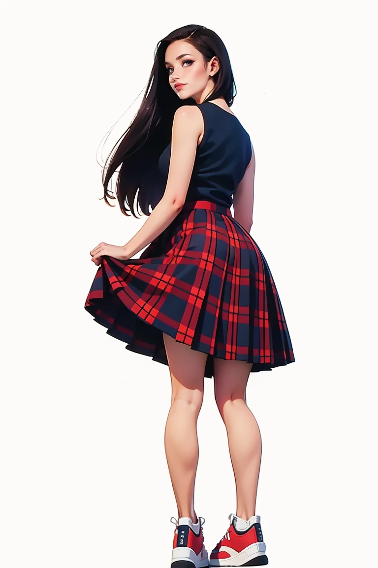 A beautiful girl, looking at viewer, smiling, black sleeveless, pleated plaid skirt, sneakers, (straight hair:1.2), standing, full body, from behind, from below, (masterpiece, best quality:1.2), (simple white background:1.2), digital painting, illustration, comic retro style
