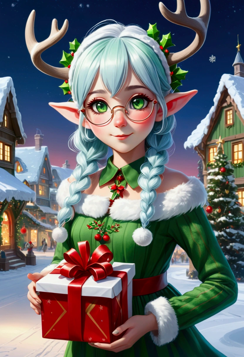 full body portrait of a shy female anime elf with pointy ears and white and light blue hair with green stands holding a present in her hands, sie trägt eine runde Brille, shiny light green eyes, on her had she is wearing christmal reindeer antlers, she is wearing a cute christmal dress with red and green stripes, christmas accessories, bright colours, detailed eyes, delicate features, shy glance, long white and blue hair, Sanfte Beleuchtung, in the background is snowy landscape with a christmas village, in the air a reindeer sledge is flying through the sky, best quality, 4K, High Resolution, ultradetailliert, realistisch,