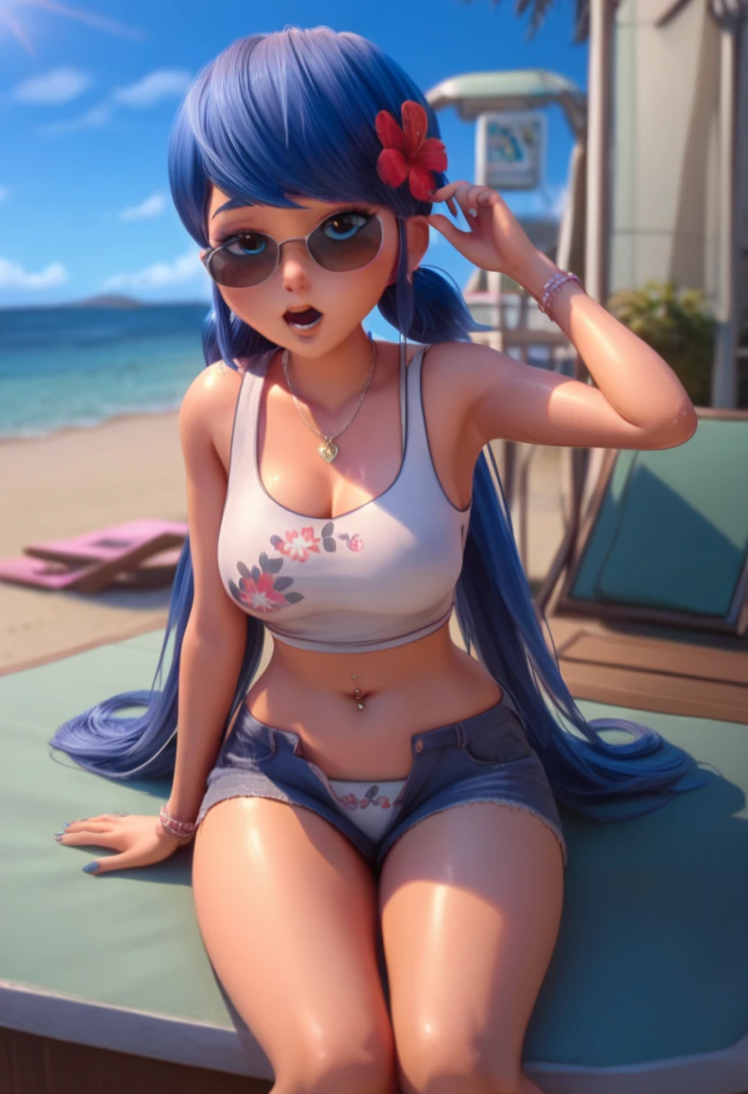 (8k, best quality, masterpiece:1.2), (realistic, photo-realistic:1.37), ultra-detailed, 1 girl,cute, solo, ,beautiful, leelah, , blue hair, pink hair, two-toned hair, multicored hair, hair bunlue eyes:1.5), bandaid, bandaid on face, , smiling,, full body view, , whole body shot, , , nsfw, choker, white tank top, big breasts, panties, purple hat, big thighs, thick thighs, at meadow, white tank top, white clothes