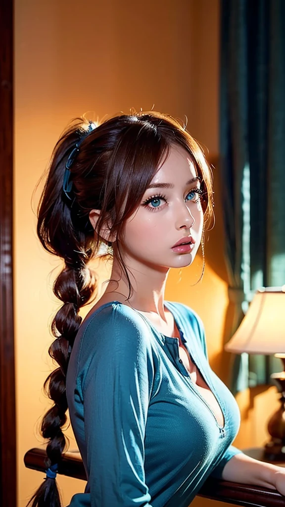 ((realistic:1.2)), high definition ,  Manwa style   (( red braided low ponytail hair))  (((the most beautiful Green eyes))) in (((Blue clothes:1.4))), ((( determined )), 8k, Unreal EnGine 5,  octane render , Cute, GamanG, Yoon Gonji, G.To, Gosonjak, Schloop, Serious, Dorm, Noah, trendinG on pixiv, Fan Box, Sketch,   Masterpiece  ,  detailed face ,  Smooth Soft Skin , biG dreamy eyes,  beautiful intricately colored hair , Symmetric, Anime wide eyes, soft liGhtinG,  concept art, diGital paintinG, 