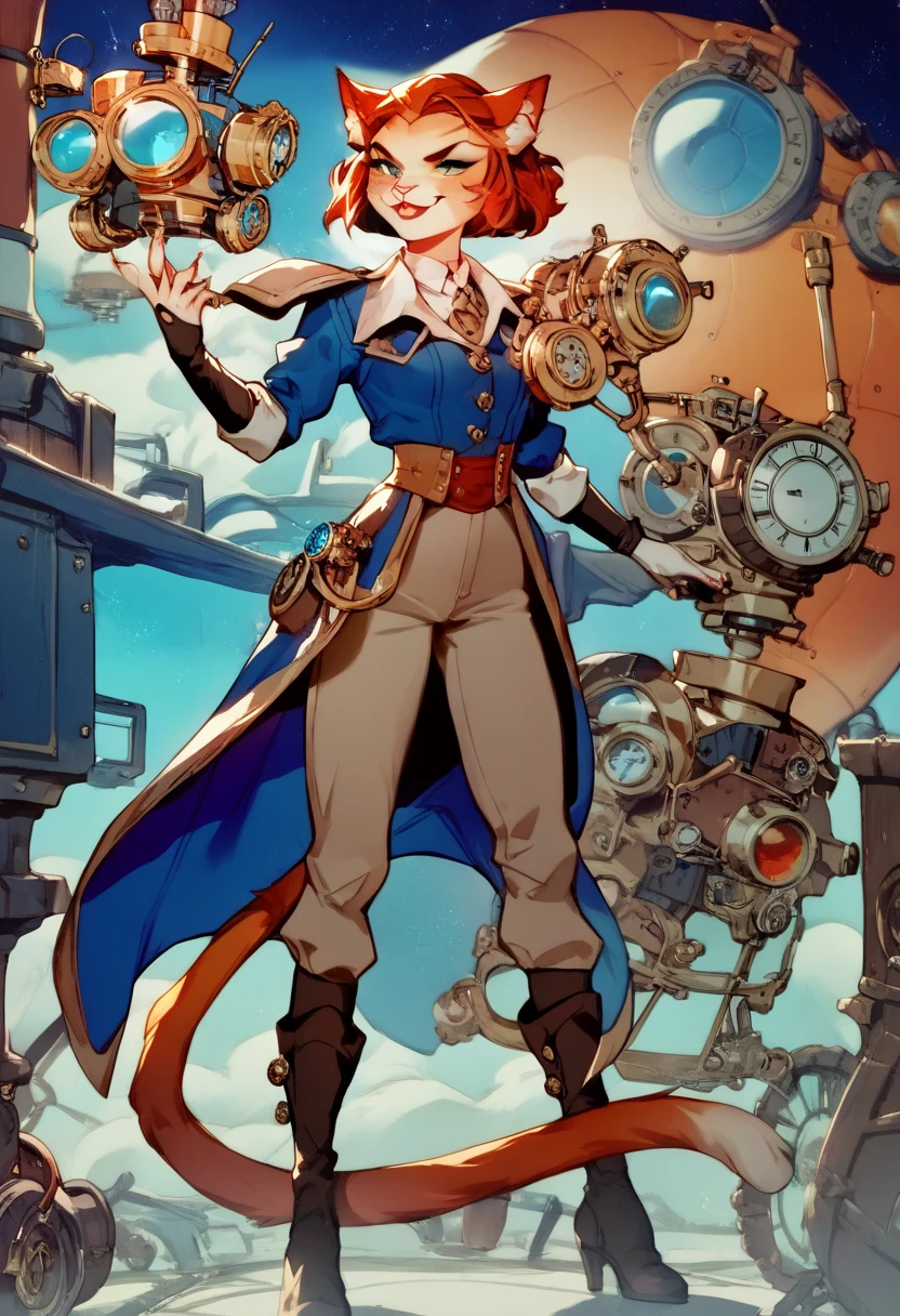 Captain Amelia,young,adventurer,adventurous,cat girl, long tail,confident expression,adventurer outfit,dangerous situation, steampunk space setting,vibrant colors and tone