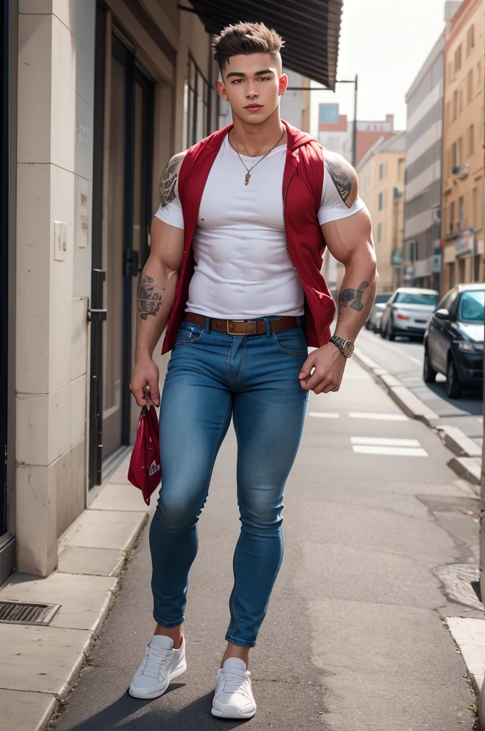 (absurdres, highres, ultra detailed, HDR), masterpiece, best quality, Character handsome 18 years old male , leaning against the terrace wall , ((naked with exposed vagina)), earring and necklace, open vest jeans, red lips, angry eyebrowse, with sunglasses and shoes, street background, hd, high quality