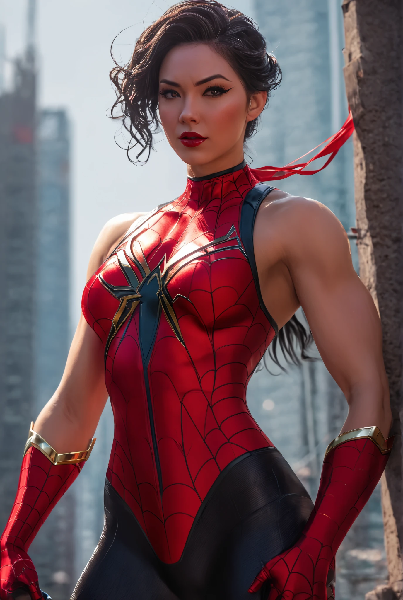 Halle Berry、Sticking out the navel、newyork、She wears a torn Spider-Man suit,wearing skirt、 Red and black color scheme,Dynamic、​masterpiece、top-quality、ultra-detailliert、ighly detailed、beautiful detailed brilliance、超A high resolution