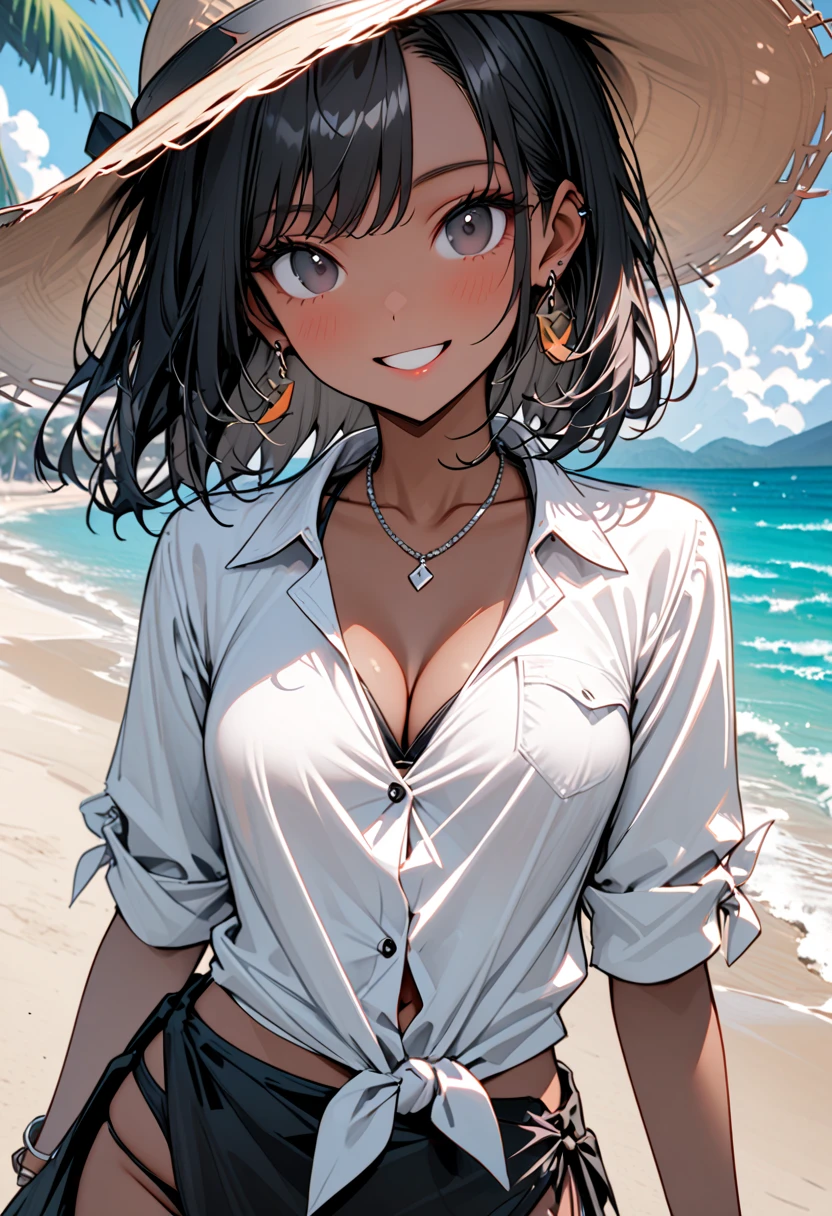 tmasterpiece， Best quality at best， beautidful eyes，Black skin， 1girll， 独奏，camisole，cleavage，（The shoulder straps slip off：1.5）， with short white hair，Off-the-shoulder attire，Insufficient tailoring， Hair is more than one eye，sea beach，The skin is translucent，Close-up shot，ssmile，looks into camera，Close up