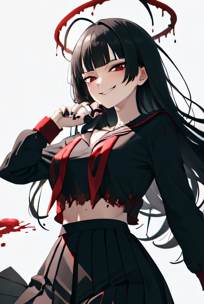  top quality , masterpiece,  high definition , One, (Tsurugi _bluearchive:1.10),  1girl, black serafuku , black skirt,  long sleeves ,  sailor collar ,  knife holding ,  looks at the viewer,  pleated skirt,  red tie , blood on clothes, necklace, long skirt, black nails, cleavage, smirk, nail polish, 6 