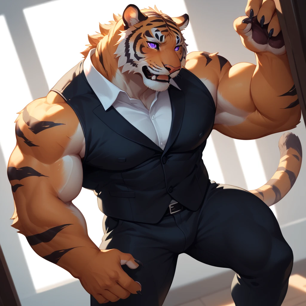 furry, beast, high quality, tail, explicit, embedded:zPDXL3, muscular male, furry, (only), massive muscular chest, perfect anatomy, detailed eyes, detailed tail, detailed 5-fingered hands, anime inspired, furry tiger, male, high angle view, purple eyes, gaze, vest, black and white fur, black suit