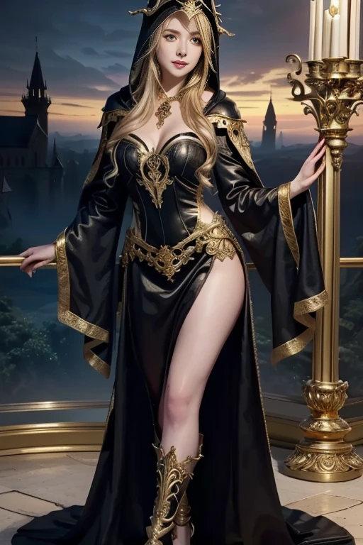 blond woman in a black and gold costume with a hood on, hyperdetailed fantasy character, ornate cosplay, beautiful elf with ornate robes, portrait of a sorceress, portrait of a female mage, beautiful necromancer, beautiful sorceress, a beautiful sorceress, 2. 5 d cgi anime fantasy artwork, beautiful necromancer girl, full body look, full body shot, castle background