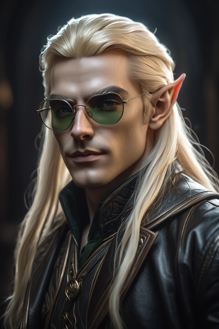 full face close-up of an elf man in a leather jacket, glasses, elven ears, turabrom _122, long blond hair looking at the camera ,  Artstation contest winner,  gothic art ,  victorian era , dark background,  cinematic realistic portrait, Unreal 5. RPG portrait,  8k portrait render , character portrait, photorealistic dark concept art ,  high quality portrait ,  Stunning artistic depiction ,  cinematic brust portrait , крупный character portrait, character portrait