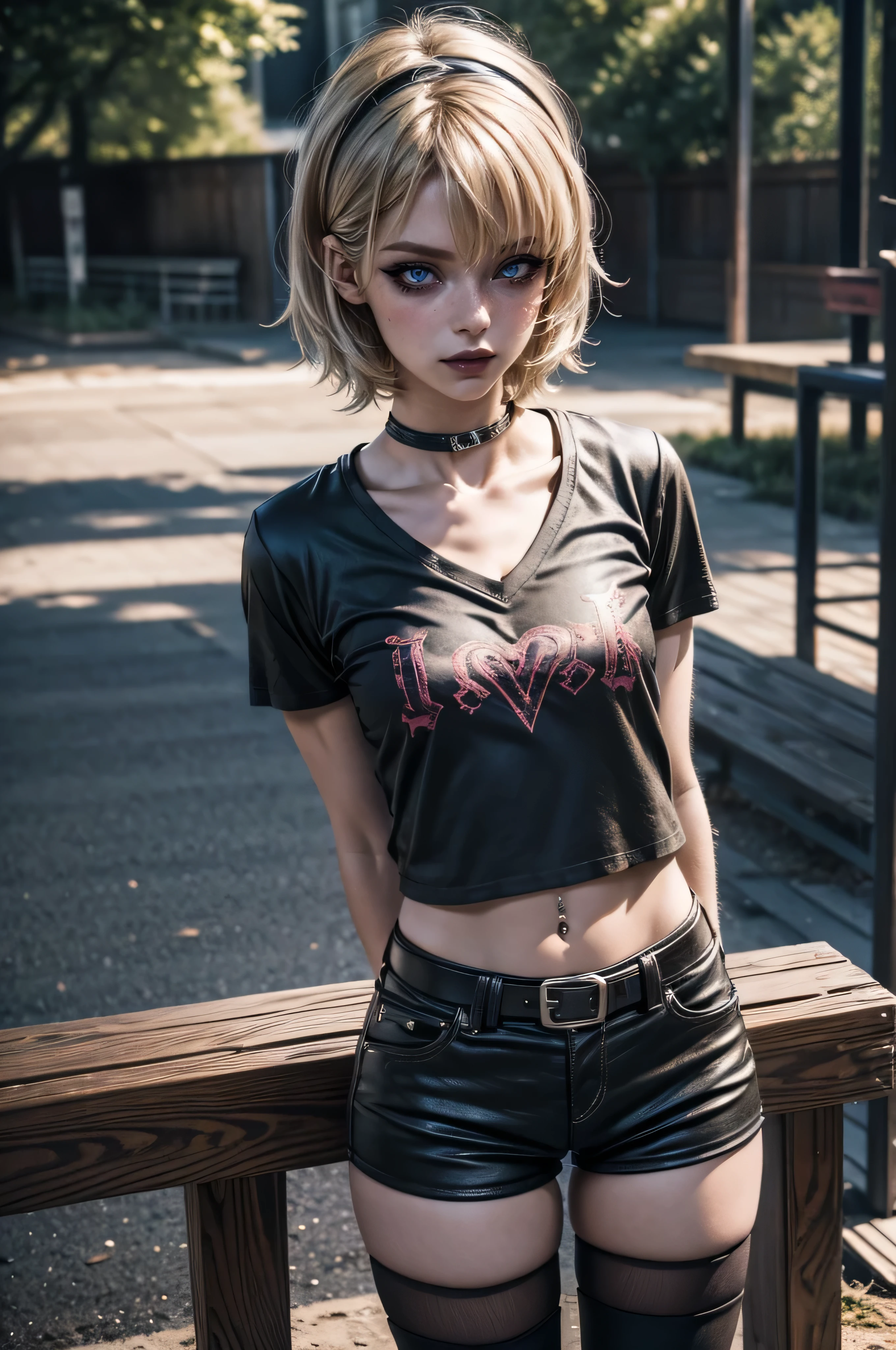 lora_Emma,1 girl, short blond hair, very skinny, tall, punk, small breast, standing up, ((leaning back against bench with arms crossed)), (leather micro hotpants), belt, (((oversized V-neck cotton t-shirt))), ((cotton knee-high socks)), plastic headband, (navel piercing), (cotton lower arm sleeves), shy, tired expression, heavy makeup, intense eyeliner, very dark eyeshadow, black lipstick, very small amounts of midriff exposed, ((dark colored clothing)), (best quality,4k,8k,highres,masterpiece:1.2),ultra-detailed,(realistic,photorealistic,photo-realistic:1.37),gloomy weather,hyperrealistic,vivid colors,detailed facial features,beautiful detailed eyes,beautiful detailed lips,extremely detailed eyes and face,long eyelashes,cinematic lighting,natural setting,detailed background, empty playground background