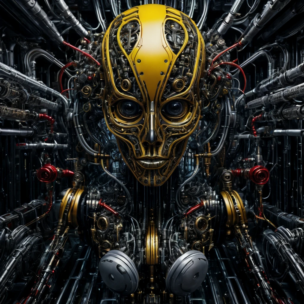 a captivating humanoid skull emerges from a sea of intricate technological components. Surrounded by a labyrinth of wires, tubes, and mechanical arms, the face exudes an air of mystique and undeniable power. The eyes of the face command attention, one of them radiating a striking yellow hue that pierces through the monochromatic palette. Shades of black and white dominate the scene, punctuated by bold splashes of red that add drama and depth to the image. The intricate details of the mechanical elements intertwine seamlessly with the organic features of the face, hinting at a harmonious fusion of human and machine. powerful exploration of the intersection between technology, humanity, half body portrait, highly detailed, photo realistic, cinematic, movie still, captured in the style of Sony Alpha A7 III camera