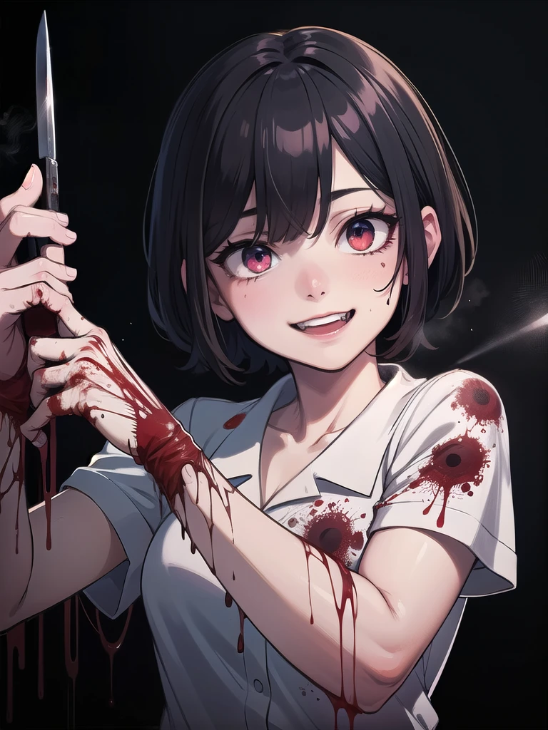 (masterpiece, high quality , high quality , official art , Beautiful and aesthetic :1.2),, (a psychopath:1.4) , killing a psychopath , yandere,( Psychological Smile:1.2) , ( Bloody spraying :1.2), hospital, a knife, crazy eyes,crazy smile, dark atmosphere , (horror:1.4),