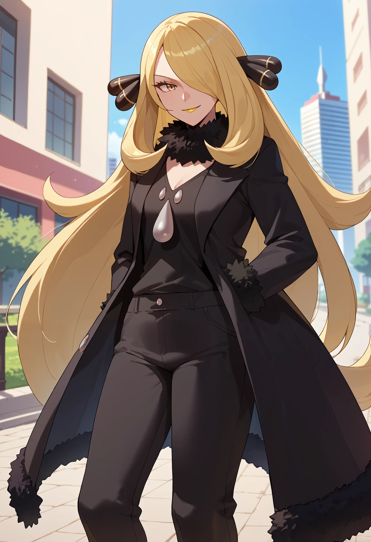 score_9, score_8_up, score_7_up, source_anime, pokemoncynthia, pokemoncynthia, blonde hair, long hair, yellow eyes, black coat, black pants, black shirt, coat, fur collar, fur trim, sleeves with fur accessories, pants, shirt, outdoors, cityscape, over, smile, Looking at viewercowboy shot, dutch angle, yellow lipstick, anime style