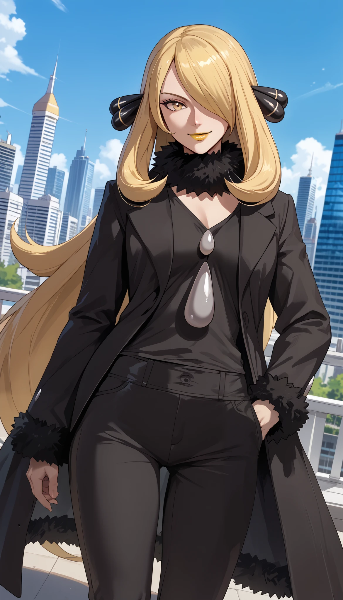 score_9, score_8_up, score_7_up, source_anime, pokemoncynthia, pokemoncynthia, blonde hair, long hair, yellow eyes, black coat, black pants, black shirt, coat, fur collar, fur trim, sleeves with fur accessories, pants, shirt, outdoors, cityscape, over, smile, Looking at viewercowboy shot, dutch angle, yellow lipstick, anime style
