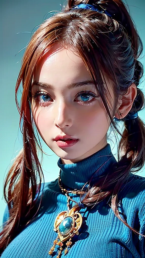 ((realistic:1.2)), high definition ,  Manwa style   (( red braided low ponytail hair))  (((the most beautiful Green eyes))) in (((Highneck Blue clothes:1.4))),(((胸を覆い隠す)), ((( determined )), 8k, Unreal EnGine 5,  octane render , Cute, GamanG, Yoon Gonji, G.To, Gosonjak, Schloop, Serious, Dorm, Noah, trendinG on pixiv, Fan Box, Sketch,   Masterpiece  ,  detailed face ,  Smooth Soft Skin , ((biG dreamy eyes)),  beautiful intricately colored hair , Symmetric, Anime wide eyes, soft liGhtinG,  concept art, diGital paintinG, ((big breasts))