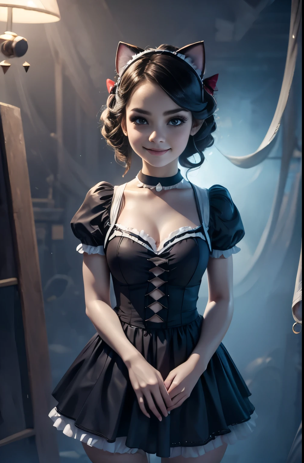 high quality, masterpiece, ultra detailed, a ghostly, moody lighting, intricate details, cinematic composition, very young slim fit girl, at full height, rounded face, very long disheveled dark brown hair, big brown eyes, shy smile, perfect flat breast, band on head with fake cat ears, gothic lolita, parororo, puffy sleeves, short sleeves, choker, frills, bows, ribbons, close microdress, very short dress, bissett 