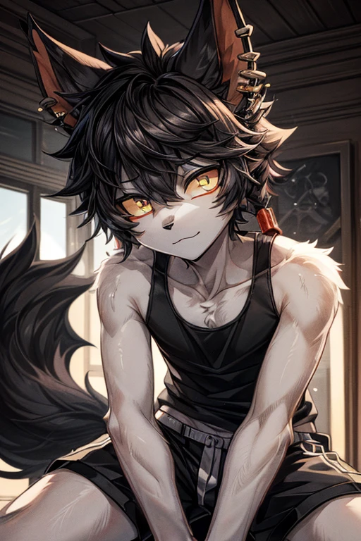 ultra detailed,best quality, finely detail, anime boy, 1boy, male, black hair, short hair, messy hair strands, spooky, white eyes, no pupils in eues, empty eyes, black fur coat, cat ears, animal ears, black feline tail
