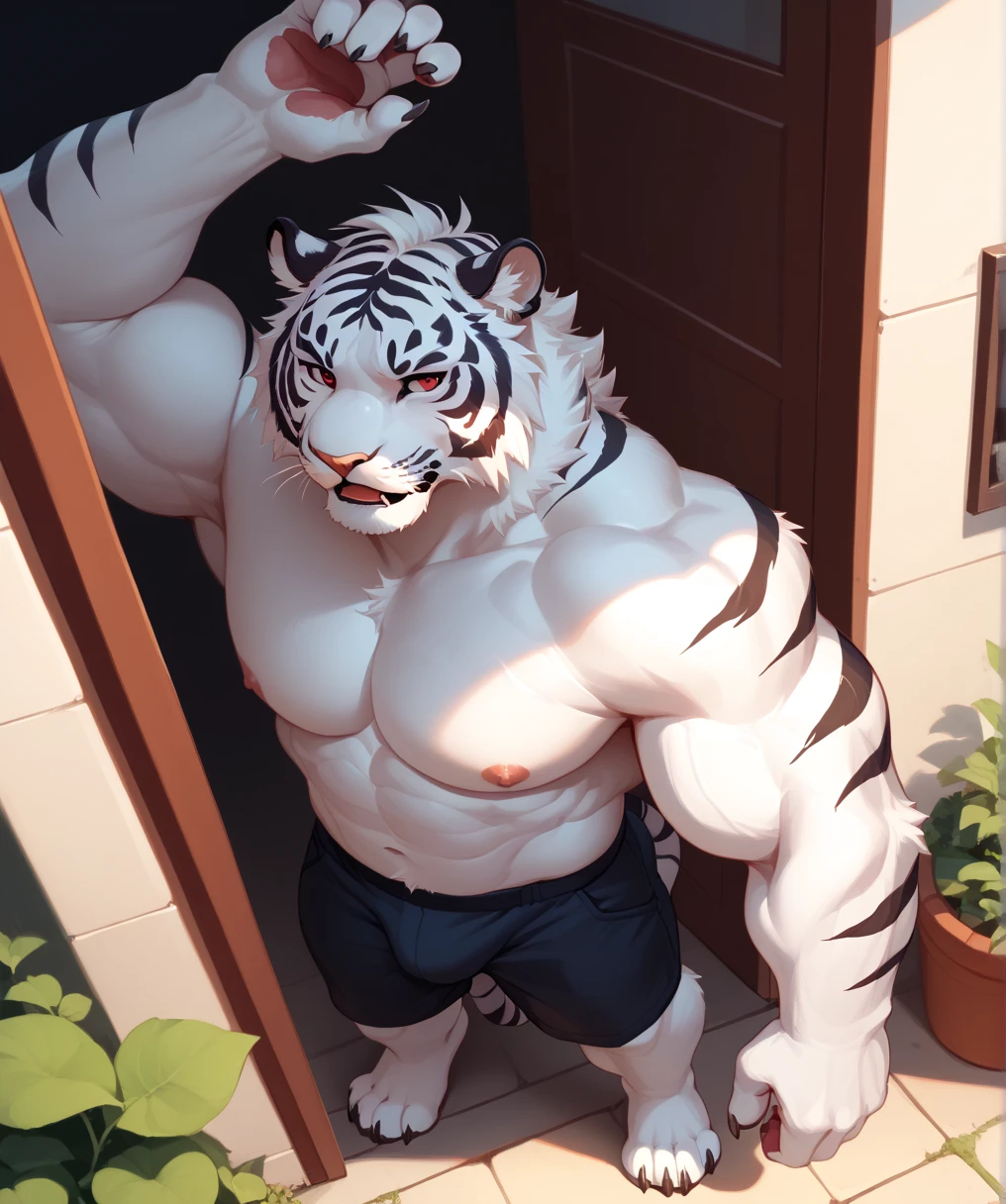 Best quality, masterpiec,ultra high res, furry, real shadow and light, 4K, Cool Pose, ((Furry White Tiger)), ripped body, bare chest, anthropomorphic, extra detailed body, detailed body, Best quality, masterpiece, ultra high res,detailed background,realistic, real shadow and light,depth of field, ((view from behind)), ((show back)), ((turn back to viewer)), ((close up)), ((SFW)), ((Full Naked)), ((shirtless)), ((At bathroom))