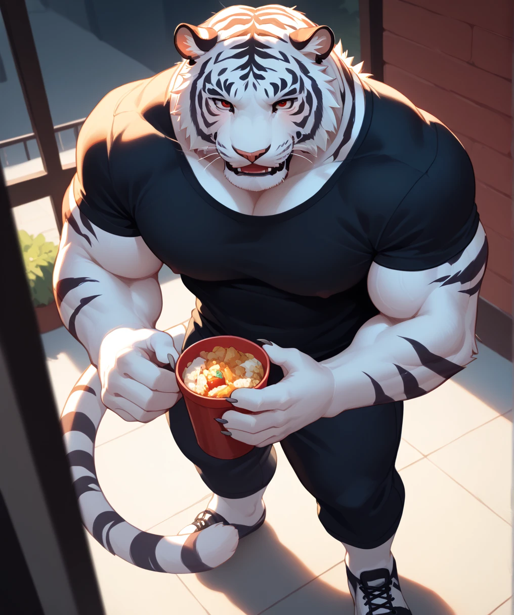 Fraction_9,Fraction_8_down,Fraction_7_down,Fraction_6_down, Furry ,beast, high quality,Tail,grade_Explicit ,Embed:zPDXL3 BREAK male  Furry ,(only),  huge plump chest muscles , perfect anatomy,eyes deTails,deTails 5finger,deTails hand, source_ Japanese Anime , Furry , white tiger,male,Cardigans ,  high angle view  , red eyes ,Observer,Casual Wear, Black and white fur , Short sleeve,