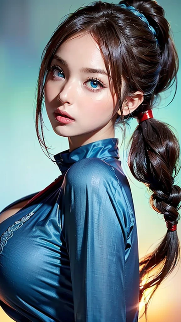 ((realistic:1.2)), high definition ,  Manwa style   (( red braided low ponytail hair))  (((the most beautiful Green eyes))) in (((Highneck Blue clothes:1.4))),(((胸を覆い隠す)), ((( determined )), 8k, Unreal EnGine 5,  octane render , Cute, GamanG, Yoon Gonji, G.To, Gosonjak, Schloop, Serious, Dorm, Noah, trendinG on pixiv, Fan Box, Sketch,   Masterpiece  ,  detailed face ,  Smooth Soft Skin , ((biG dreamy eyes)),  beautiful intricately colored hair , Symmetric, Anime wide eyes, soft liGhtinG,  concept art, diGital paintinG, ((Natural huge breasts))