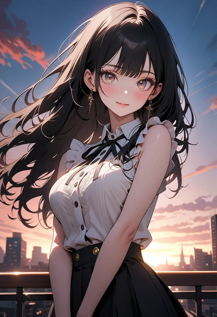 1 girl, (Portrait of a beautiful japanese girl), detailed beautiful face, long hair, bangs, (charcoal black hair), shiny hair, beautiful eyes, (dark brown eyes), (finely detailed beautiful eyes: 1.3), double eyelids, (eyelash: 1.2), (eye shadow: 1.2), smiling, seductive expression, blush, medium breasts, cute pose, 
(black pleated skirt, sleeveless collared white shirt, frills, virgin killer outfit), 
(sunset, on the terrace of a fashionable cafe in the city), shallow depth of field, BREAK, 
(cowboy shot, from front, looking at viewer:1.3, face focus), deep depth of field, stunning, fascinating, enchanting, broad lighting, cinematic composition, (very detailed, ultra-high resolution, absurdres, highres, masterpiece, best quality, very aesthetic, fine texture, newest, anatomically correct, perfect hands, 8k), 