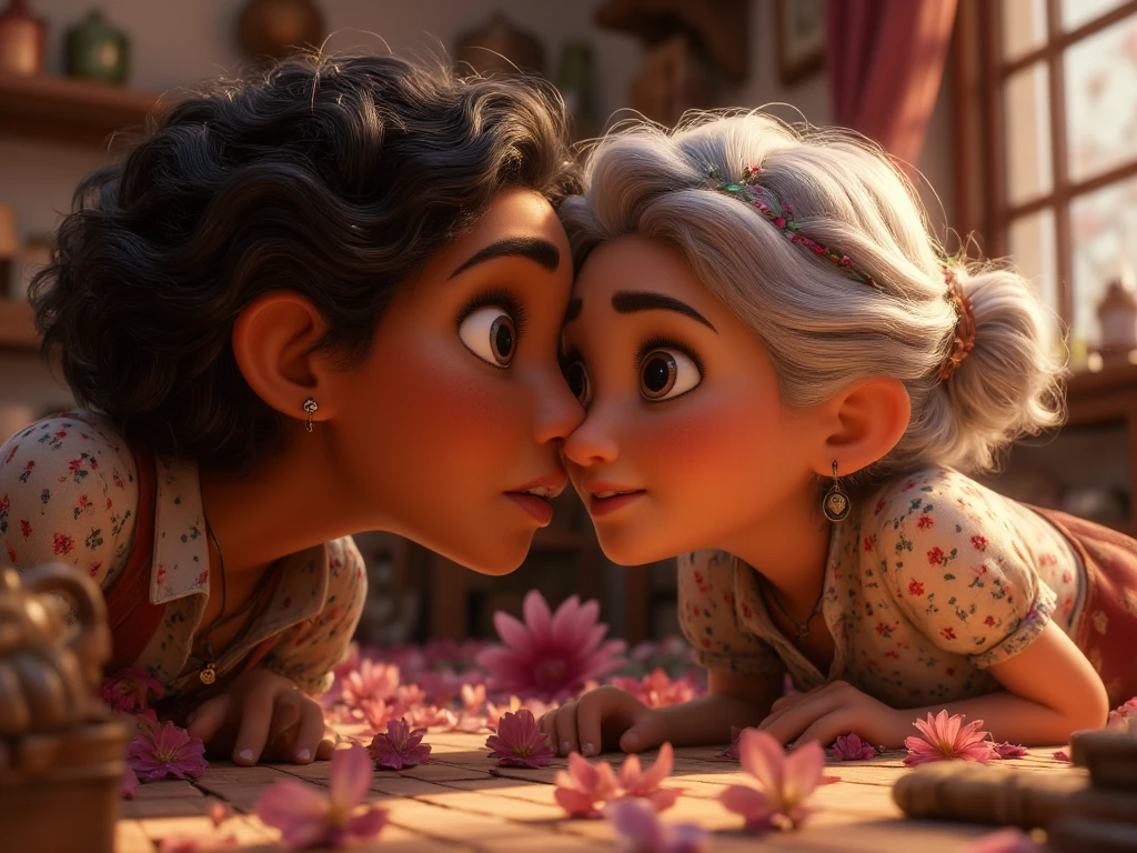 a Disney Pixar movie poster showing a white-skinned family. The father is Arab, tem altura mediana, Tem barba curta, cabelos curtos e liso e preto. The mother is Brazilian, has eyes and black hair, straight, medium, and is slightly overweight. A tem 7 anos e cabelos preto longo e liso, pele branca,roupa rosa segurando um spitz alemao filhote de 5 meses branco com alguns detalhes creme, The background is a beach garden. 3D-rendering