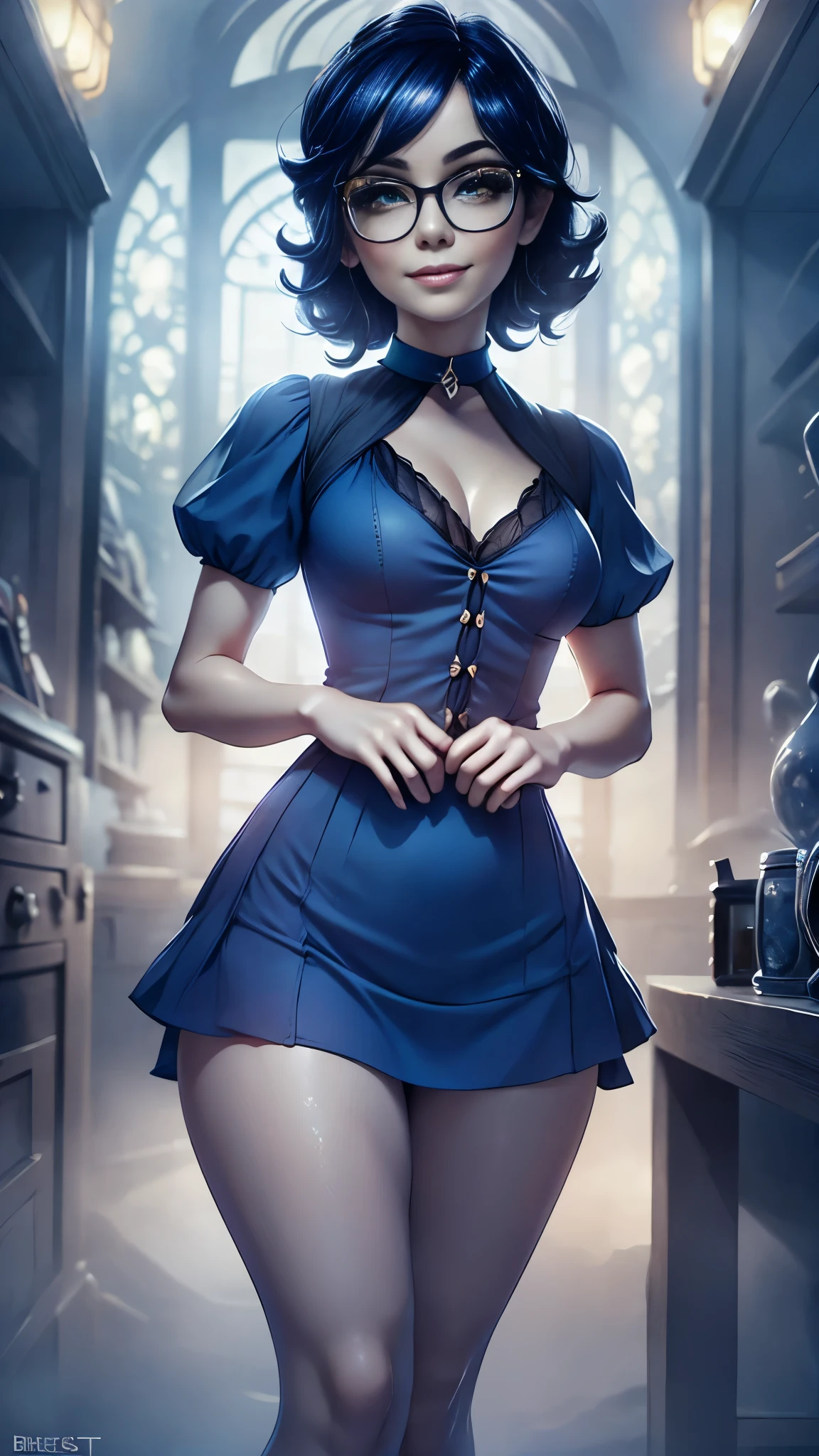 high quality, masterpiece, ultra detailed, a ghostly, moody lighting, intricate details, cinematic composition, very young slim fit girl, at full height, rounded face, mz, short disheveled dark blue hair, (big yellow eyes:1.2), glasses, huge ahoge, shy smile, perfect flat breast, gothic lolita, parororo, puffy sleeves, short sleeves, choker, frills, bows, ribbons, tight microdress, very short dress, bissett 