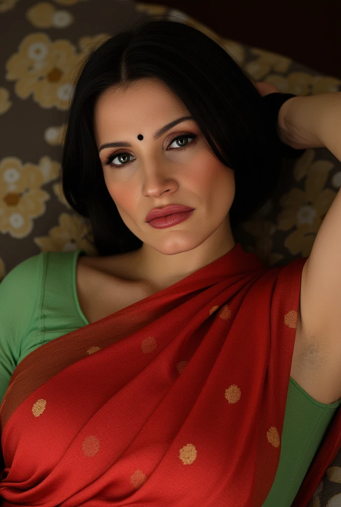 laying on bed wearing red and green hot saree Use specific camera models, such as the Sony α 7 III, Nikon D850 DSLR 4 k or Canon EOS R5, or even the Hasselblad, to create high-quality images with realistic colors and details. For example, create a portrait of a person with a Sony α 7 III camera, capturing their features and expressions, red lips, nose ring, black bindi, looking at viewer 