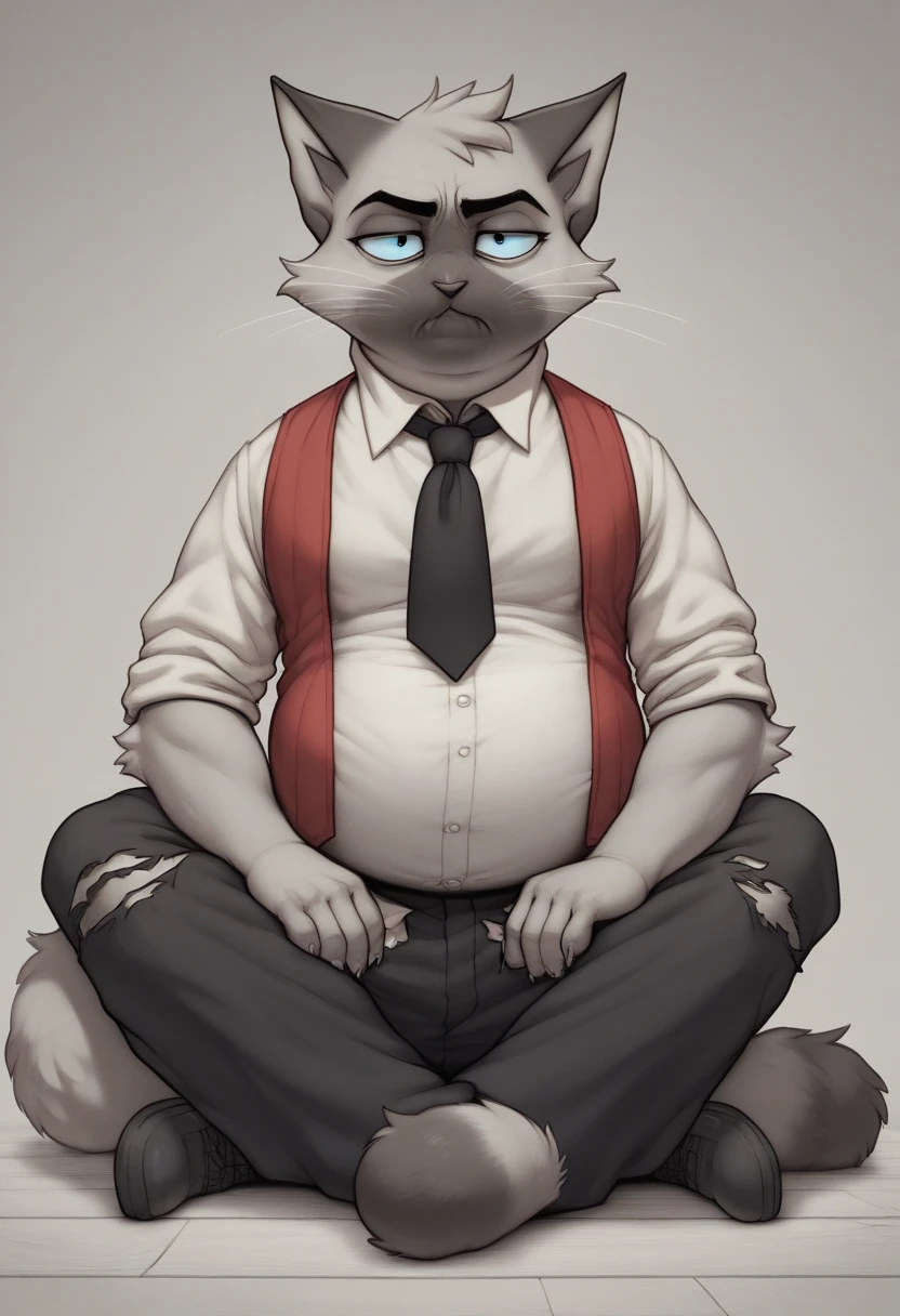 fat adult , fatty, cat with brown accents on the face, eyelids , Ears,  at his fingertips and fluffy tail .  Толстый fatty  огромный живот ,fat cheeks ,  ulybka,  sits on the floor, looks at the viewer
Thick blue eyes and hair on top of the head,  that are combed back and the same color ,  as his fur .  A torn black coat with a torn red vest and a torn white shirt with a black tie tucked in.    Torn black wide pants and black and white brogues . Eats burgers and gets fat , inflating, getting thicker and thicker ,  peed in pants   