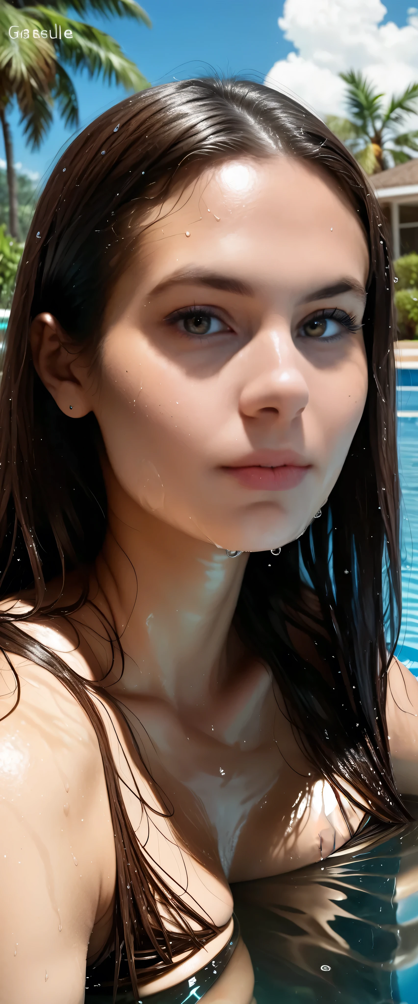 sfw:2,(masterpiece, best_quality:1.2), 1girl, solo, swimming pool, reflection in water, crystal clear water, warm sunlight, (wet skin), blue sky, fluffy clouds, tropical paradise, idyllic scenery, serene atmosphere, peaceful expression, slender figure, graceful pose, detailed facial features, beautiful eyes, long eyelashes,  (glossy wet hair), realistic lighting, vibrant colors, cinematic composition, photorealistic, hyper detailed