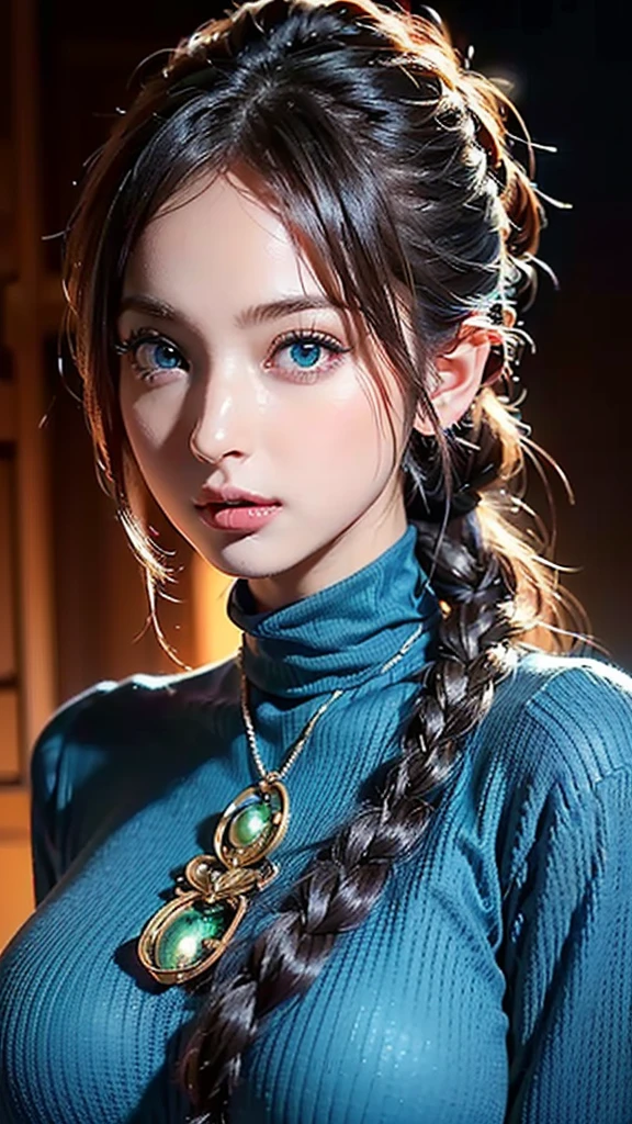 ((realistic:1.2)), high definition ,  Manwa style   (( red braided low ponytail hair))  (((the most beautiful Green eyes))) in (((Highneck Blue clothes:1.4))),(((胸を覆い隠す)), ((( determined )), 8k, Unreal EnGine 5,  octane render , Cute, GamanG, Yoon Gonji, G.To, Gosonjak, Schloop, Serious, Dorm, Noah, trendinG on pixiv, Fan Box, Sketch,   Masterpiece  ,  detailed face ,  Smooth Soft Skin , ((biG dreamy eyes)),  beautiful intricately colored hair , Symmetric, Anime wide eyes, soft liGhtinG,  concept art, diGital paintinG, ((Natural huge breasts))