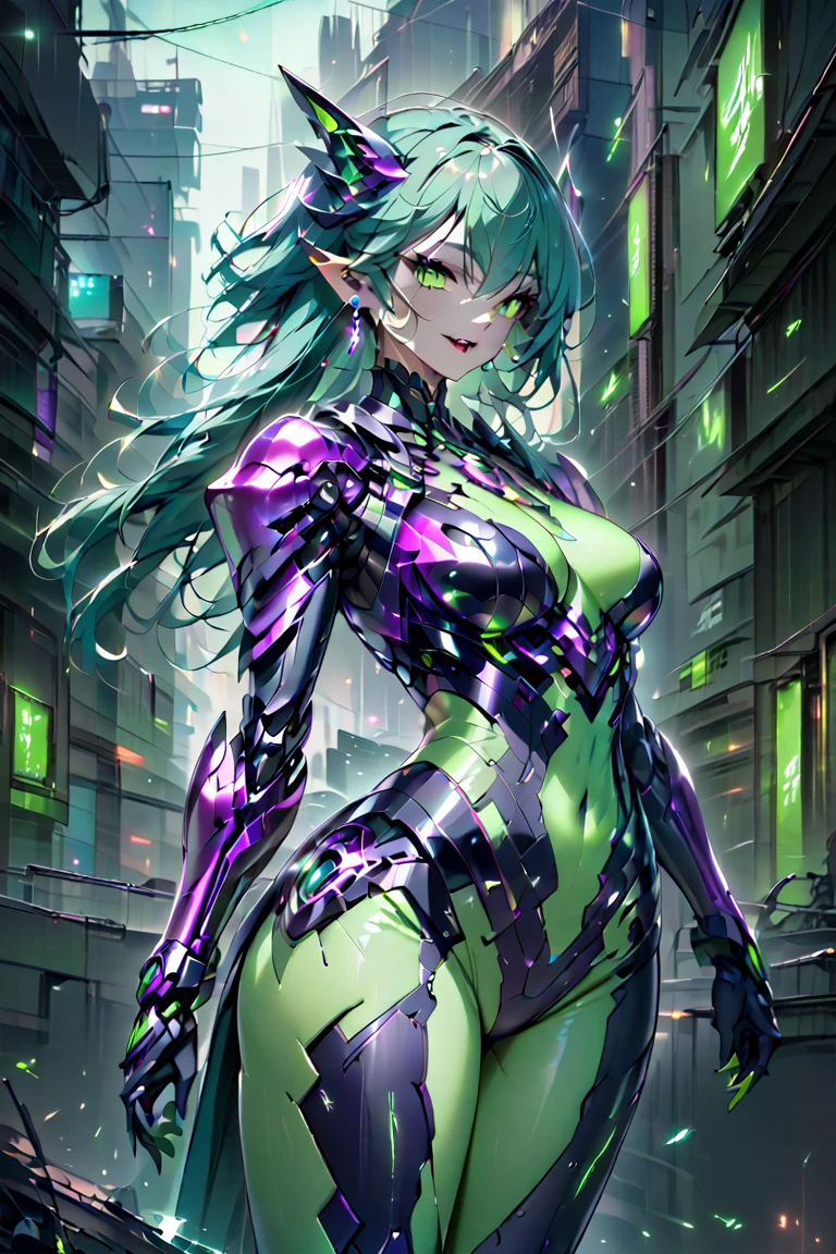 A slender woman with an elegant figure and short, water-green hair highlighted with purple accents. She has pointed ears adorned with subtle earrings and bright green, gleaming eyes. Her skin is fair, and she wears a small smile revealing sharp fangs. She is dressed in a futuristic purple armor with green details. The background features a night scene of a destroyed city building. The image should be of high quality and super resolution.