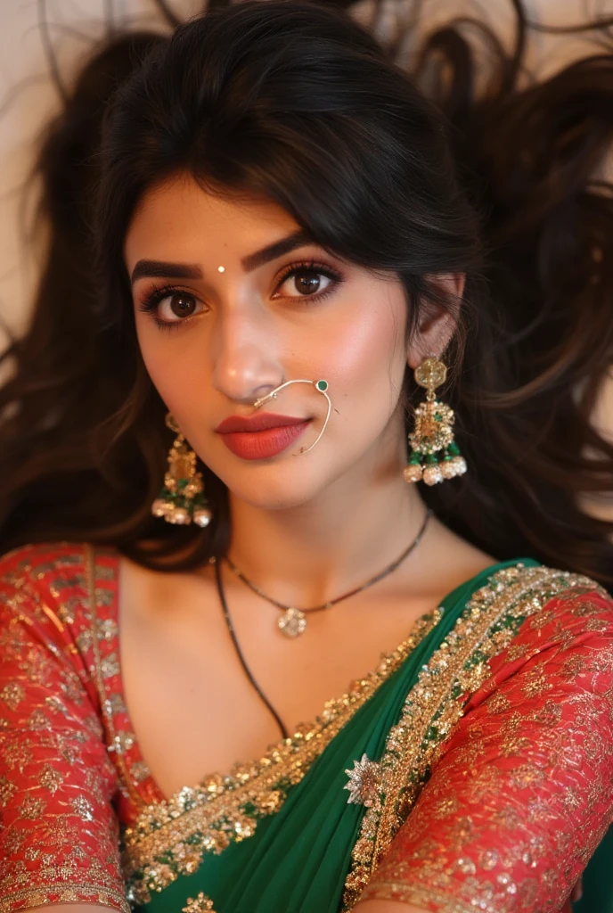 Lveautiful asian woman, close up, wearing a head piece with pearls, forehead jewelry, wear indian chain headpiece, matha patti and mang tikka jewelry, smiling, front looking