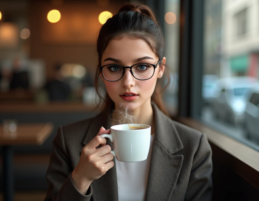 Lady drinking a coffee, with glasses, quiet