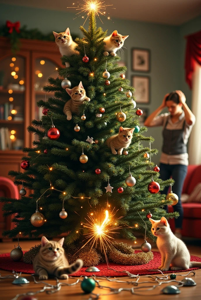 ((masterpiece)) ((photography)) ((Highest quality)) A realistic, humorous 4D, and chaotic scene featuring 2 cats wreaking havoc on a Christmas tree. The tree is partially toppled over, with ornaments shattered on the floor and tinsel tangled around the cats. One cat is perched precariously on the highest branch, looking triumphant, while another is inside the tree, peeking out mischievously. A third cat is pawing at a string of lights, causing them to spark, while a fourth cat is rolling on the floor with a broken ornament. The background shows a cozy living room with holiday decorations, and a person in the background holding their head in despair. The atmosphere is comedic yet detailed and realistic.