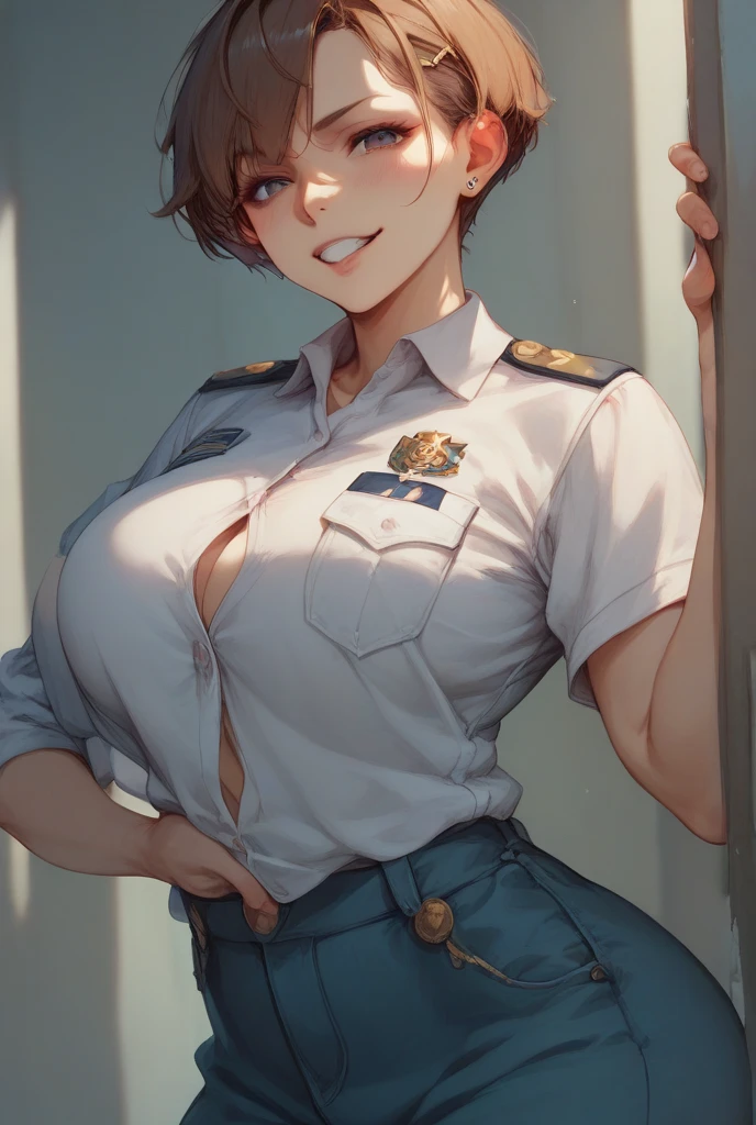  brown hair shortcut 、18 years old、 Japanese woman with a viewing angle of、I'm flipping through my uniform and showing my boobs