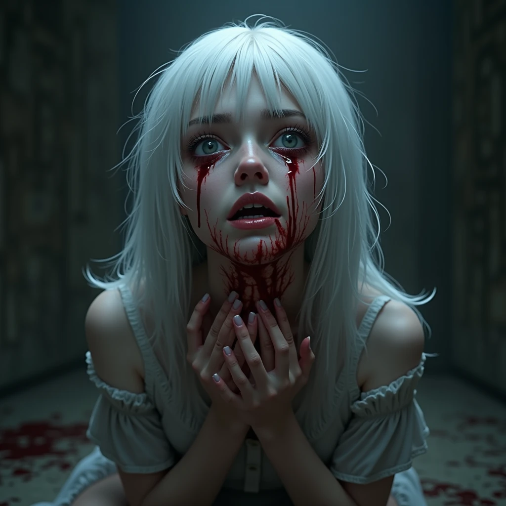 award-winning photo from the waist up, crisp comic rendering, young blonde (Michelle Pfeiffer) with white eyes dripping blood from her forehead and having stigmas, long hair, a black demon in the background, horror face, creepy, character portrait, concept art, painting, fanart, highly detailed in the style of wlop by Ilya Kuvshinov, Wenjun Lin, angular asymmetrical design, horror movie, scary movie poster