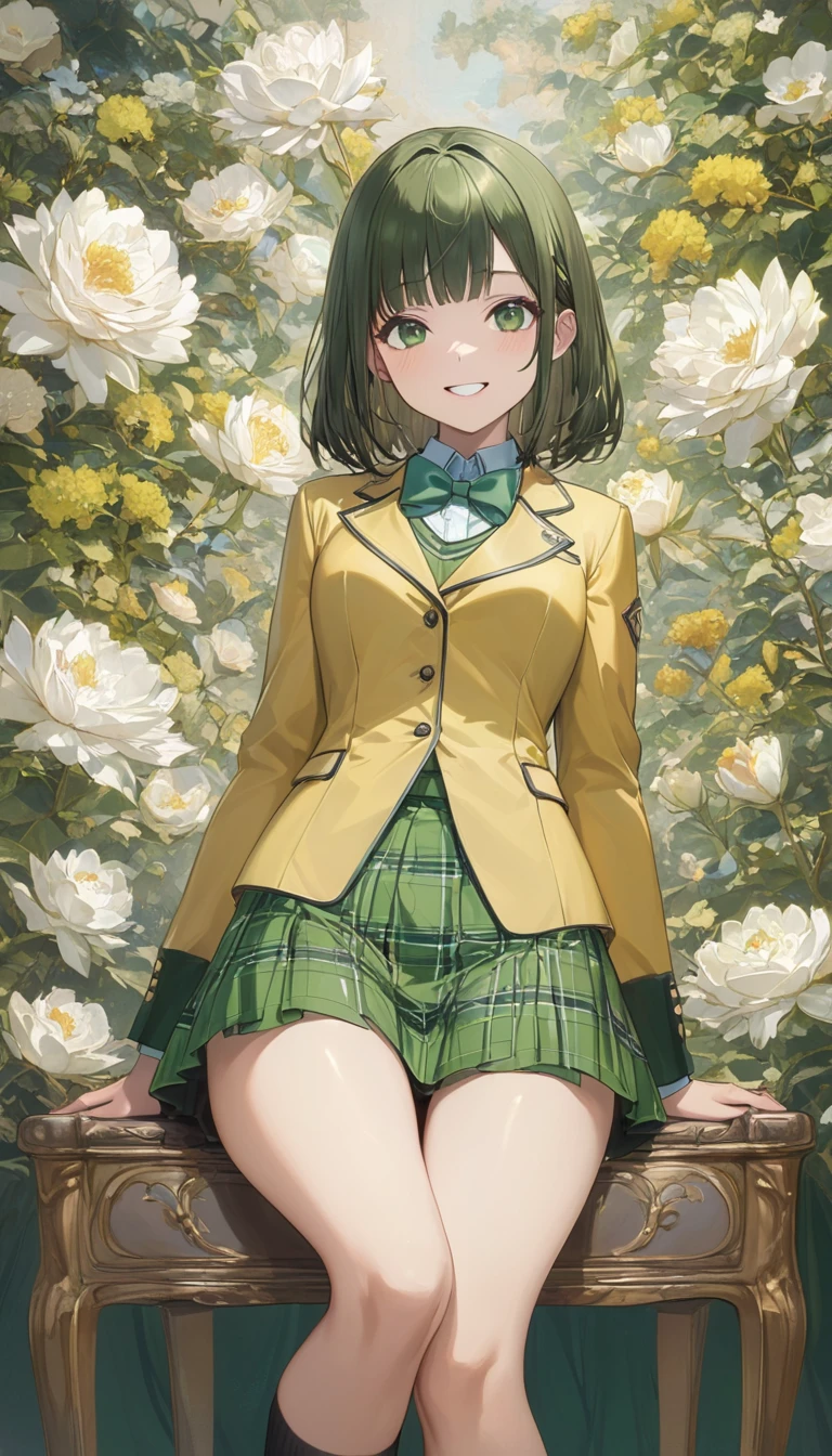 ((Highest quality、unity 8k wallpaper、32K、masterpiece、Very detailed、Ultra-high resolution、Ultra-high resolution、 Very detailed face, RAW Photos, Professional, Ultra-fine painting, Fine metal texture, Genuine)), Fujisaki Aya, yellow blazer, long sleeves, green bowtie, plaid miniskirt, green miniskirt, socks, loafers,model posing, smile